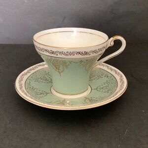 ANSLEY Cup Saucer RARE HTF #371 Mint Green Gold Floral Bouquet & Trim PRISTINE!!
